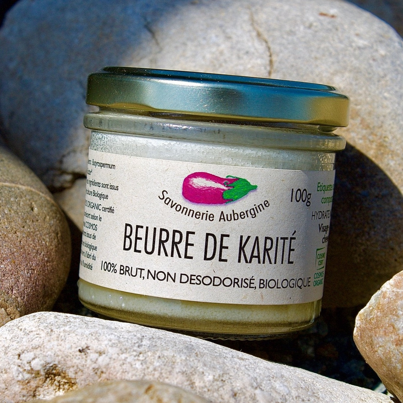 beurre de karité brut 100g sur rocher, savonnerie aubergine vendu par une vie plus saine